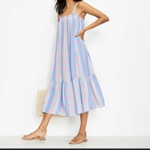 NWT LOFT PETITE PLAID SMOCKED POCKET MIDI DRESS